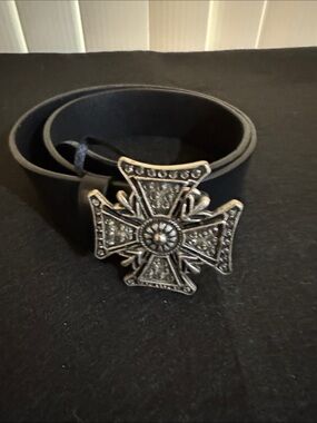 Men's Black Leather Belt with Silver Cross Buckle